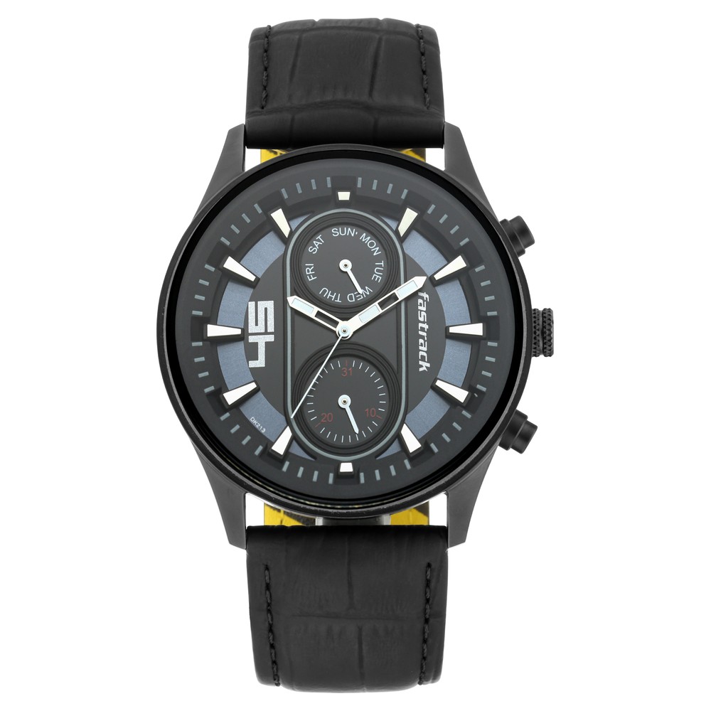 Fastrack 3224NL01 Fastfit Quartz Analog with Day and Date Black Dial Leather Strap Watch for Guys